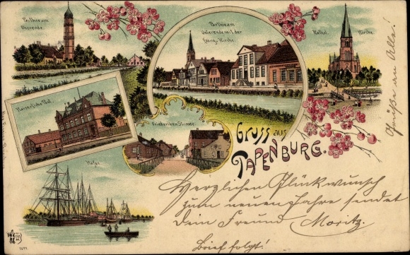 Litho Papenburg im Emsland, Kirchen, Friederikenstraße, Post, Hafen, Partie am Unterende