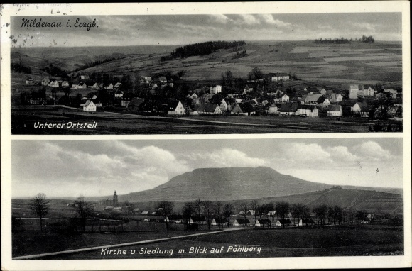 Ak Mildenau im Erzgebirge, Unterer Ortsteil, Kirche, Siedlung, Pöhlberg