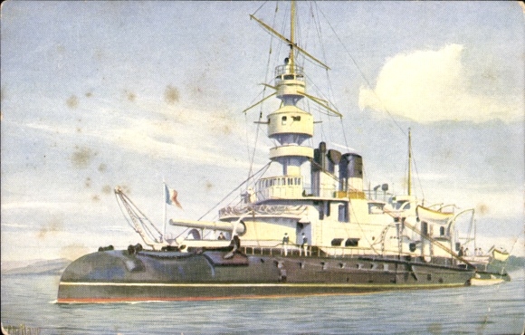 Artist Postcard Rave, Chr., Marine Gallery 23, French warship, ship of the line, Valmy, 1892