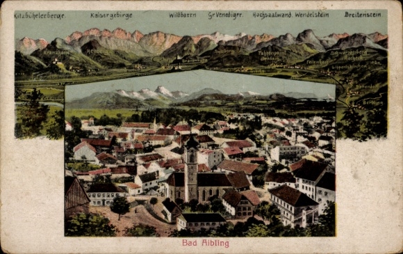 PC Bad Aibling in Upper Bavaria, landscape with mountains, city view, colored illustration