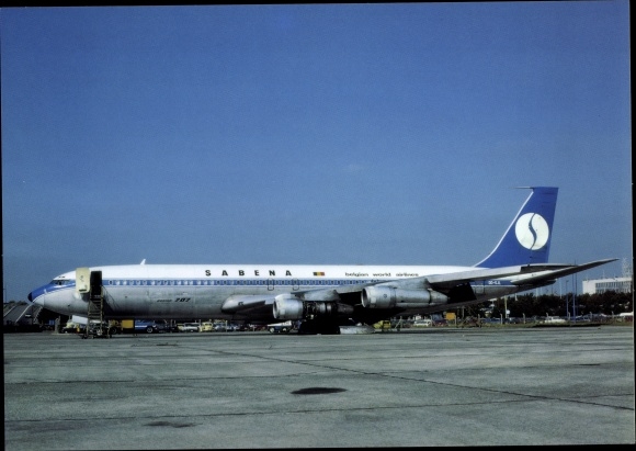 Postcard Belgian passenger plane, Sabena, Boeing 707 329 C