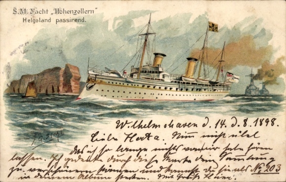 Kunstenaar in reliëf litho Siehl, JG, keizerlijk jacht SMY Hohenzollern voor de kust van Helgoland