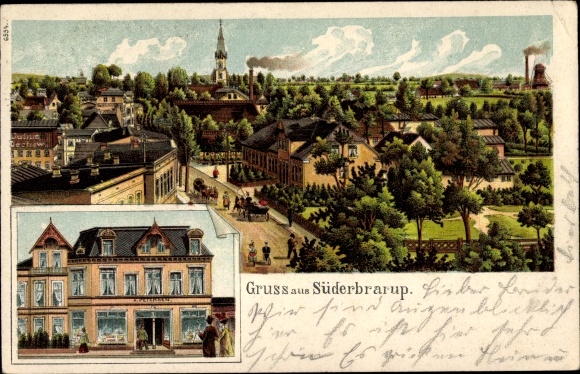 litho Süderbrarup in Schleswig Holstein, zicht op de plaats, actie Petersen
