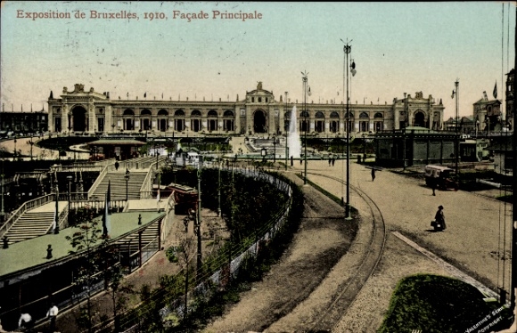 KP Bruxelles Bruksela, ekspozycja 1910, fasada główna, wystawa światowa, fontanna