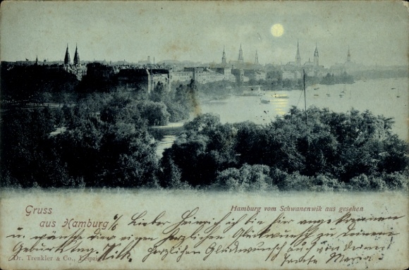 Postcard Hamburg Nord Eppendorf, Hamburg seen from Schwanenwik, city view, moonlight