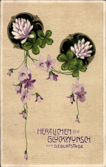 Embossed Postcard Congratulations Birthday, Lucky Clover, Flowers
