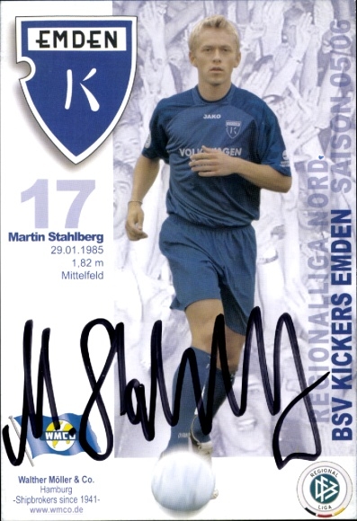 Karta autografu piłkarza Martina Stahlberga, BSV Kickers Emden, autograf