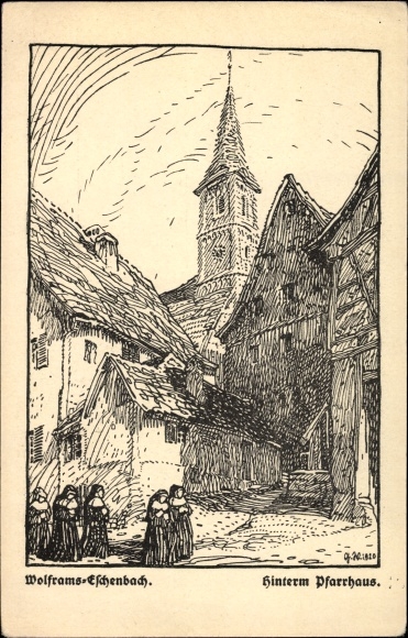 Kunstenaarskaart Wolfinger, Gretl, Wolframs Eschenbach in Midden-Franken Beieren, achter de pastorie