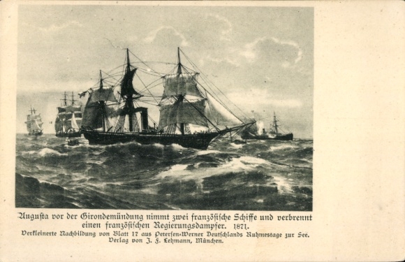 Postcard sailing ship Augusta in front of the Gironde estuary, burning of a French government steamer