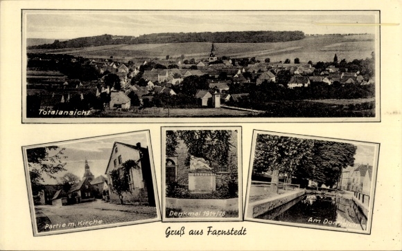 Ak Farnstedt Farnstädt in Saalekreis, totaalaanzicht, deel met kerk, monument 1914/78, Am Dorf