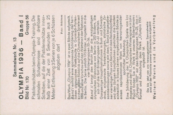 Collector's card Olympia 1936, pistol shooters during training