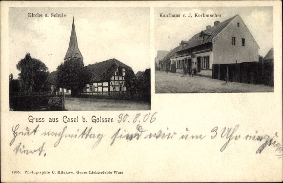 Postcard Casel Kasel Unterspreewald, church, school, department store J. Korbmacher