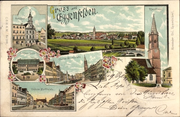 Litho Eggenfelden im Tal der Rott Niederbayern, Rathaus, Schloss Gern, Marktplatz, Pfarrkirche