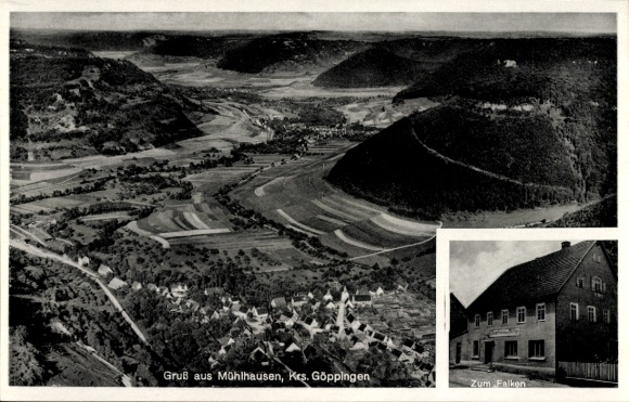 Postcard Mühlhausen im Täle Württemberg, aerial photograph, inn and butcher shop zum Falken