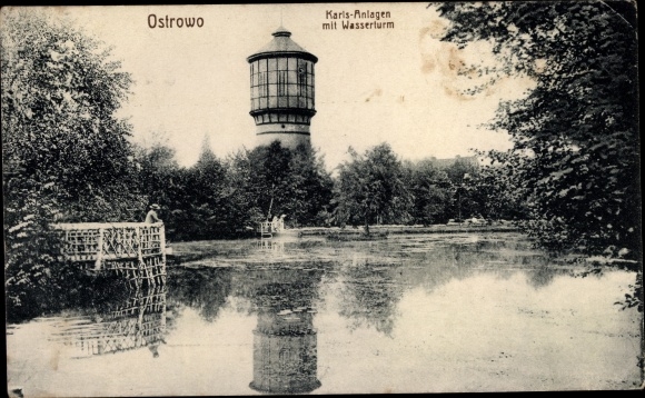 Postcard Ostrow Wielkopolski Ostrow Poznań Posen, Karls Anlagen mit Wasserturm