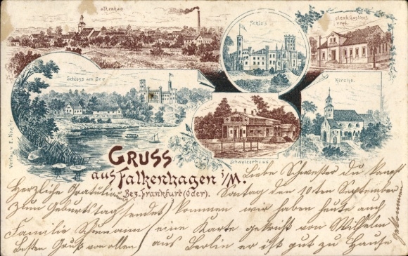Chromo-Litho Falkenhagen in the Mark Brandenburg, castle, church, Schweizerhaus