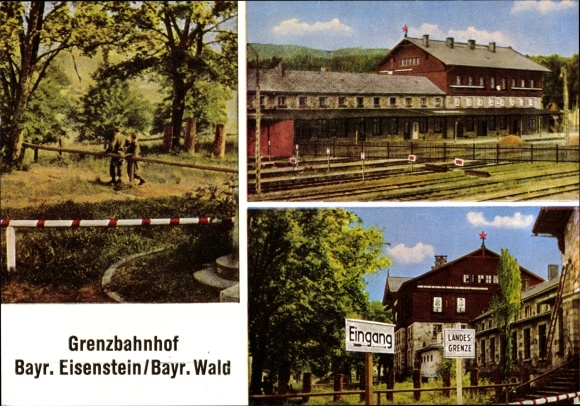 Postcard Bayerisch Eisenstein in Lower Bavaria, border station, building, barrier trees