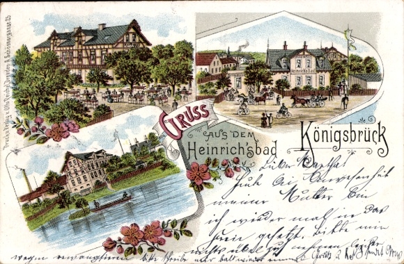 Postcard Königsbrück in Upper Lusatia, pictures of the Heinrichsbad, castle, village view, water view