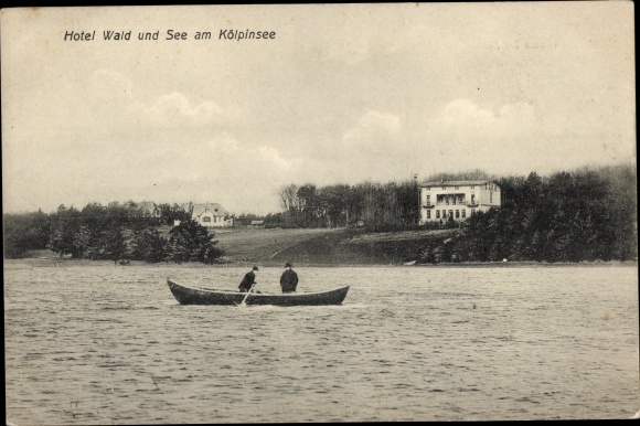 Postcard Baltic resort Kölpinsee on Usedom, hotel forest and lake, rowing boat