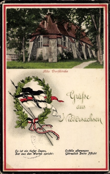 Greetings from Lower Saxony, flags, old village church
