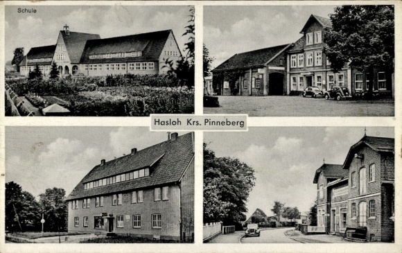 Ak Hasloh in Sleeswijk-Holstein, school, straat, auto's