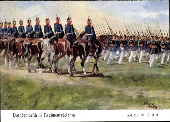 KP artysty Döbrich-Steglitz, przemarsz defiladowy w kolumnie pułkowej, Fusilier Regt 37 5 pocztówek