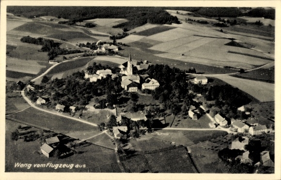 Postcard Weng in Lower Bavaria, aerial view of church, fields, rural surroundings