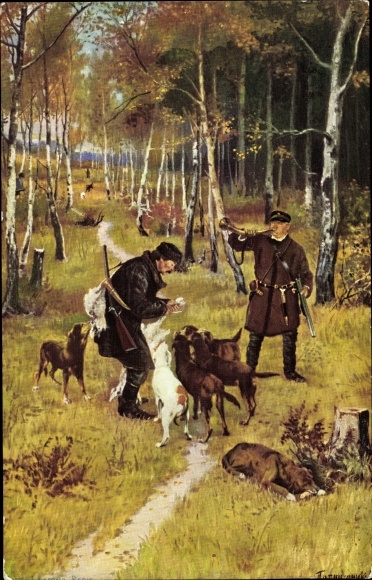 Artist Ak, hunting scene, hunting dogs, hunters