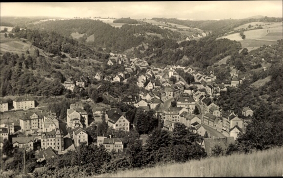 Postcard Glashütte in Saxony, view of Glashütte, green hills, houses, landscape