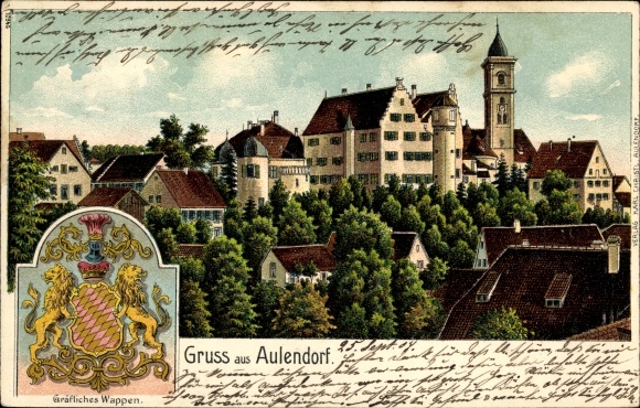 Coat of arms Chromo-Litho Aulendorf in Württemberg, town view