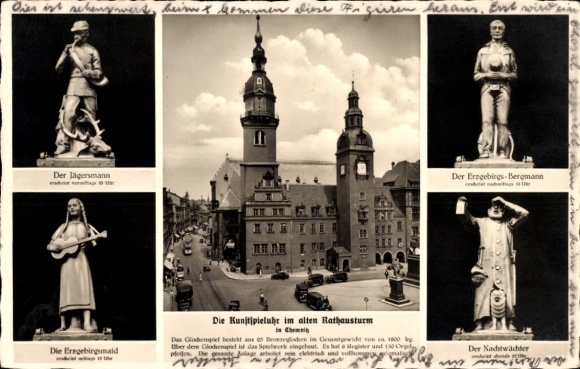 Ak Chemnitz Sachsen, Die Kunstspieluhr im alten Rathausturm, Figuren