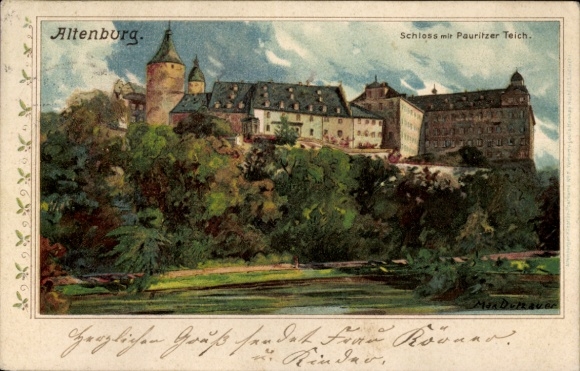 Kunstenaar litho Dutzauer, Max, Altenburg in Thüringen, kasteel met Pauritz-vijver