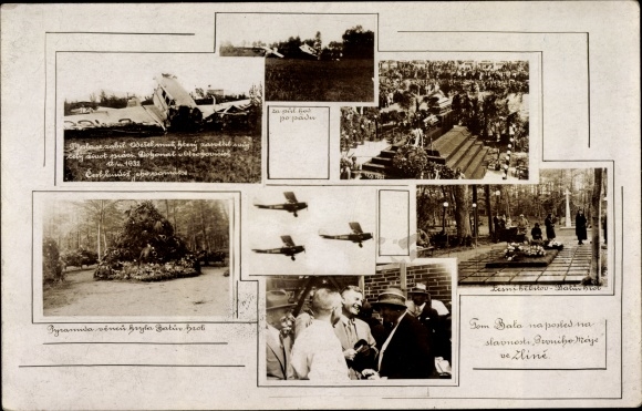 Postcard Zlín Gottwaldov Tschechien, Tomáš Baťa, Flugzeugabsturz 1932, On the mudflat, Grab, Waldfriedhof