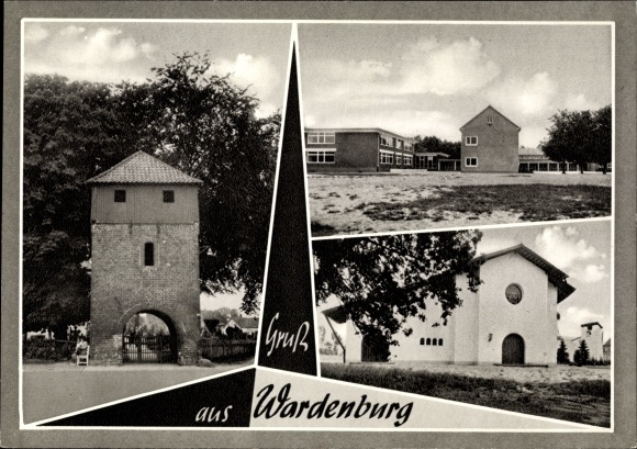 Postcard Wardenburg in Oldenburg, gate, church, school