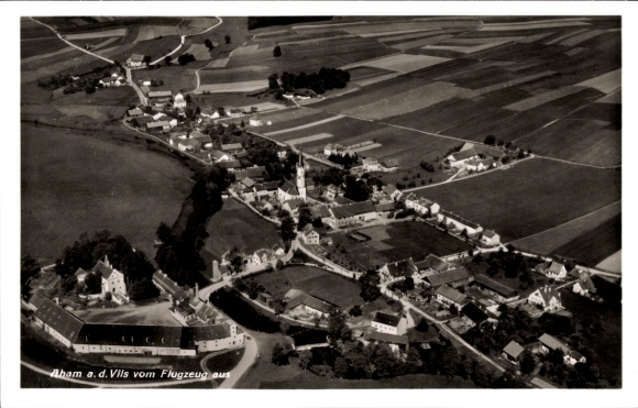 Postcard Aham an der Vils, aerial view of Aham, fields, houses, church