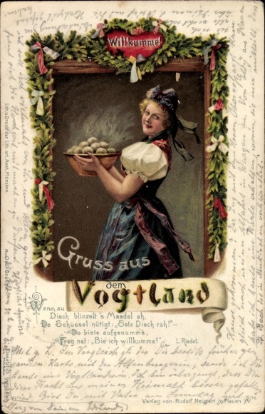 Postcard costume from the Vogtland, Willkumme, woman with dumplings