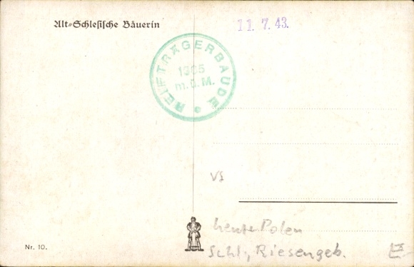 Postcard Silesian farmer's wife, greetings from the Reifträgerbaude