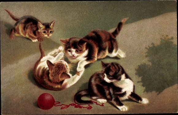 Postcard Four kittens playing, red ball of wool