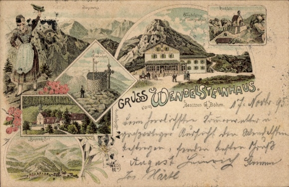 Chromo-Litho Bayrischzell in the Mangfall Mountains Upper Bavaria, Wendelsteinhaus, edelweiss, woman in traditional costume