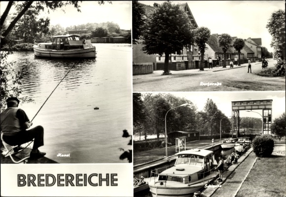 Postcard Bredereich Fürstenberg on the Havel, anglers on the Havel, Dorfstraße, lock