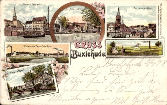 Chromo-Litho Buxtehude in Lower Saxony, Wintersche paper mills, hotel, ferry house, Marschtor, Mühlenstrom