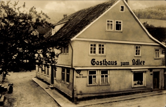 Postcard Bad Liebenstein in the Thuringian Forest, Gasthaus zum Adler, multi-story building, street, trees
