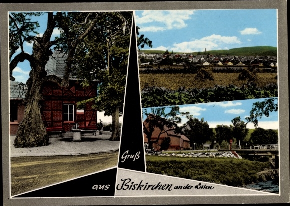 Postcard Biskirchen Leun im Lahn Dill district, general view, bridge, half-timbered house