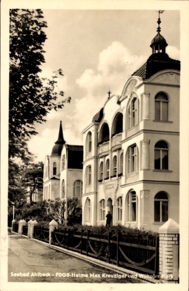Postcard Ostseebad Ahlbeck on Usedom, Seaside resort FDGB-Helme Max Kreuziger, Wilholm Pleck