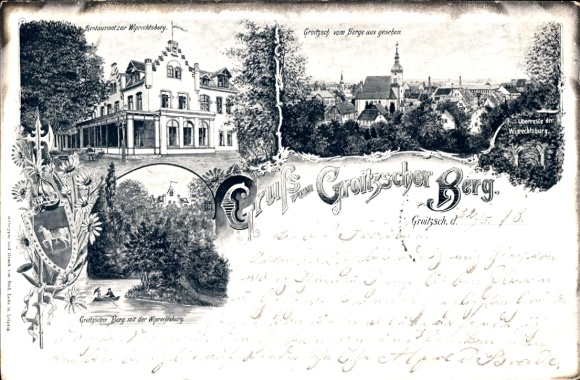 Litho Groitzsch im Kreis Leipzig, Gruß vom Groitzscher Berg, Restaurant zur Wiprechtsburg