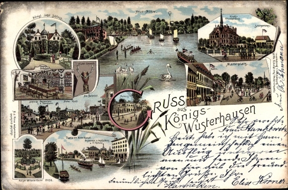 Chromo-Litho Königs Wusterhausen in Brandenburg, new mill, district hospital, Schützenhaus, market square