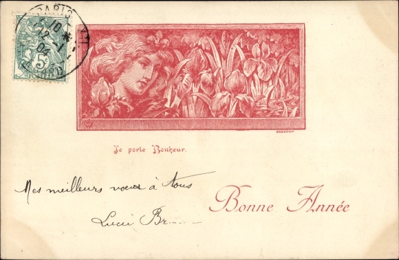 Postcard Happy New Year, portrait of a woman, iris