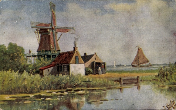 Artist Postcard Oudes, J., landscape motif, windmill, sailing boat