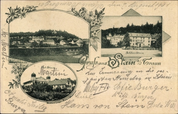 Postcard Stein an der Traun Traunreut, Stein Castle, overall view of the village, post office