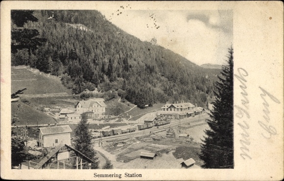 Postcard Semmering in Lower Austria, view of the train station, goods wagons, railway line